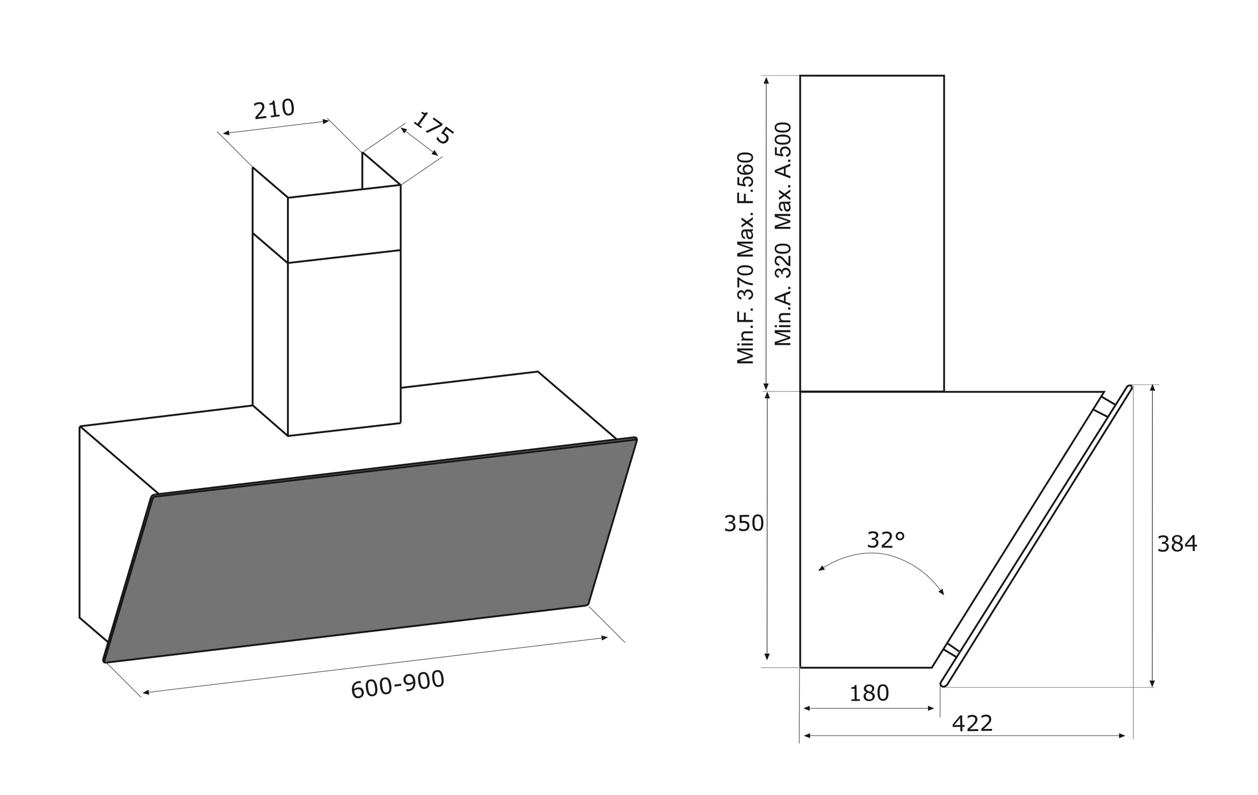 Airforce V1 60cm Angled Wall Mounted Cooker Hood-Black glass finish - Image 3